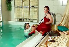 Pretty sexy chicks jumping in the pool and fucking hard